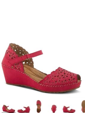 Patrizia Women’s Deep Red Floral Perforated Wedge Sandals with Ankle Strap